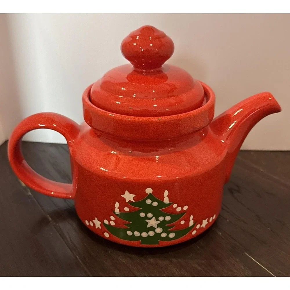 Waechtersbach Christmas Tree 5 Cup Red Ceramic Teapot Sugar Creamer Set Germany
